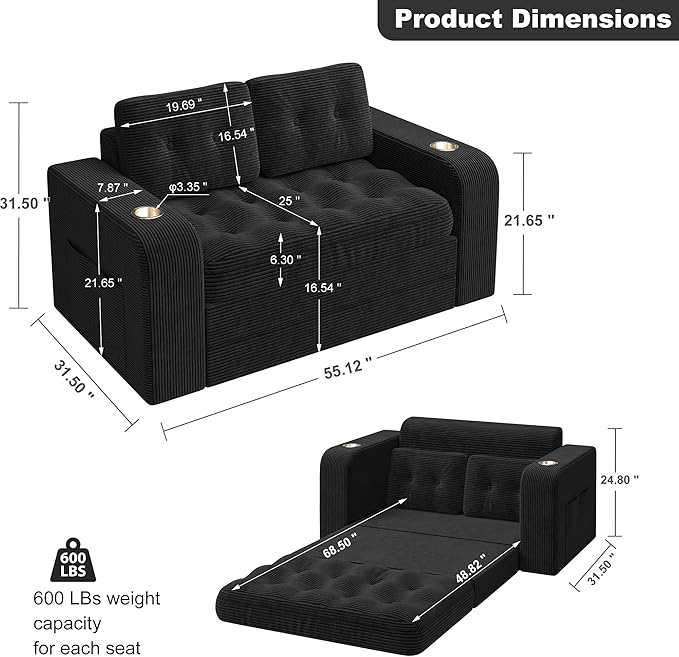55 Futon Sofa Bed 4‑in‑1 Convertible Sofa Bed Folding Boneless Couches for Living Room Fold Out Small Foldable Loveseat Floor Sleeper Comfy Mattress Lounge Space‑Saving Black