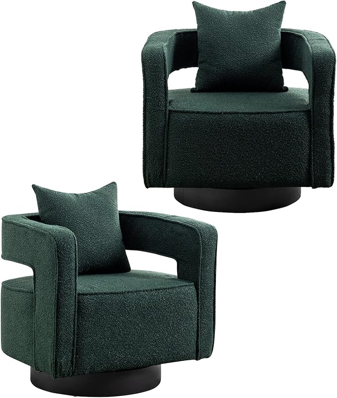 Mid Century Modern Boucle Swivel Accent Chair 2 Pack Comfy Open Back Sofa Chair with Black Wood Base for Nursery Bedroom Living Room Club Swivel Lounge Chairs (2pcs Chair Green)