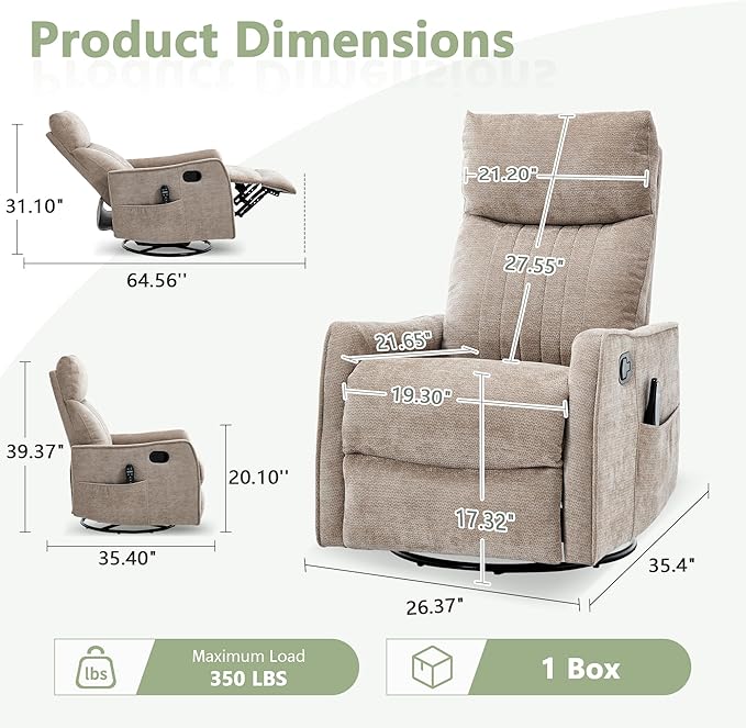 cinkehome Swivel Rocker Recliner Glider Rocker Recliner Chair for Nursery Manual Reclining Chair with Heated Massage Small Spaces Living Room Khaki Chenille
