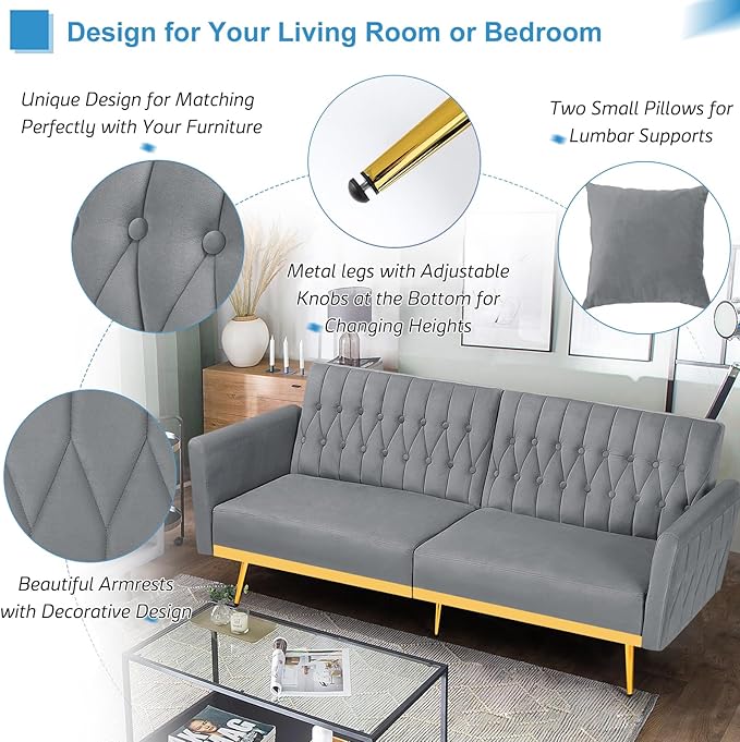 70” Velvet Futon Sofa Bed with 2 Pillows and Adjustable Armrests Convertible Sleeper Bed W/Adjustable Backrests Modern Loveseat for Living Room Bedroom Light Grey