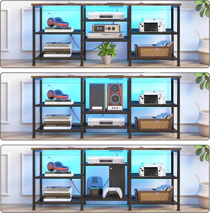 YGEOMER TV Stand for TVs Up to 55 Inches Entertainment Center with Power Outlet and LED Lights Open Storage Shelves TV Media Console Table for Living Room and Bedroom Rustic Brown