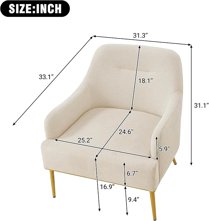 Modern Accent Chair with Curved Backrest Chenille Fabric Upholstered Armchair with Gold Metal Legs Single Sofa Chair for Living Room Reading Corner (Beige14)