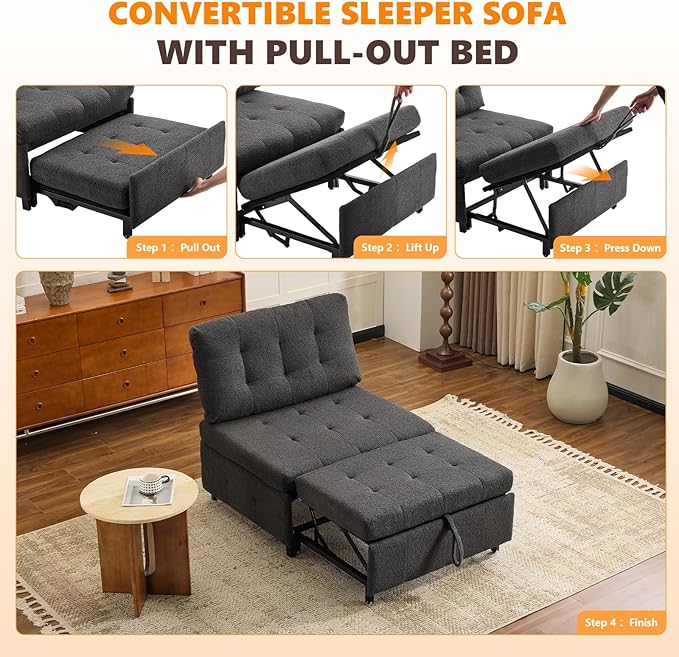 VINGLI Convertible Single Sofa Bed Tufted Teddy Fleece Sleeper Chair Bed Armless Living Room Chair Chaise Lounge with Adjustable Backrest Pull Out Couch Bed for Small Spaces (Dark Grey) | Armless Sofa