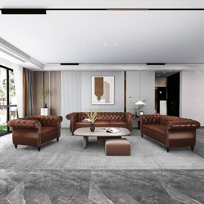 AVZEAR Chesterfield Leather Sofa 3 Seater Couch Mid-Century Large Sofa Roll Arm Classic Tufted Settee Modern PU Sofa with Channel Tufted Seat Back for Living Room Office Apartment PU Brown