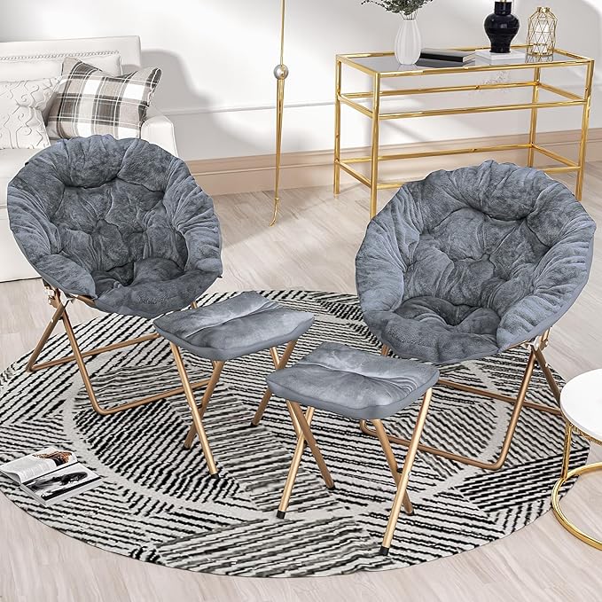 Comfy Saucer Chair Set of 2 with Footrest Metal Frame Cozy Lounge Lazy Chair Folding Faux Fur Round Saucer Chair for Adults Foldable Papasan Moon Chair for Living Room Dorm Bedroom