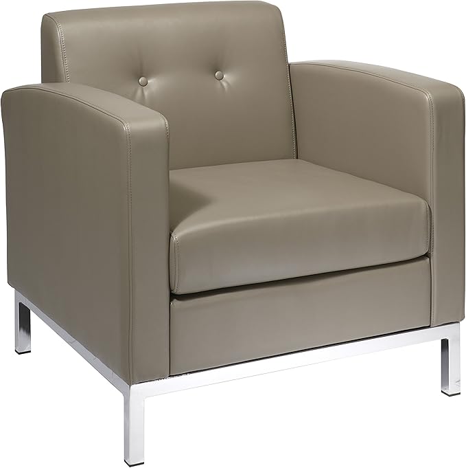 OSP Home Furnishings Wall Street Faux Leather Armchair with Box-Spring Cushion Button Tufted Back and Chrome Finish Base Smoke Grey