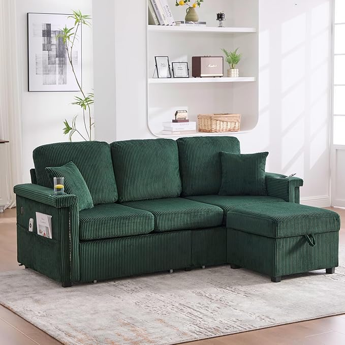 76.8 L-Shaped Sleeper Sofa with Storage Ottoman USB Ports Cup Holders&ampLED Lights Side Pockets Comfy Corduroy Modern 3-Seater Small Couch Bed for Living Room with 2 Throw Pillows (Emerald Gree