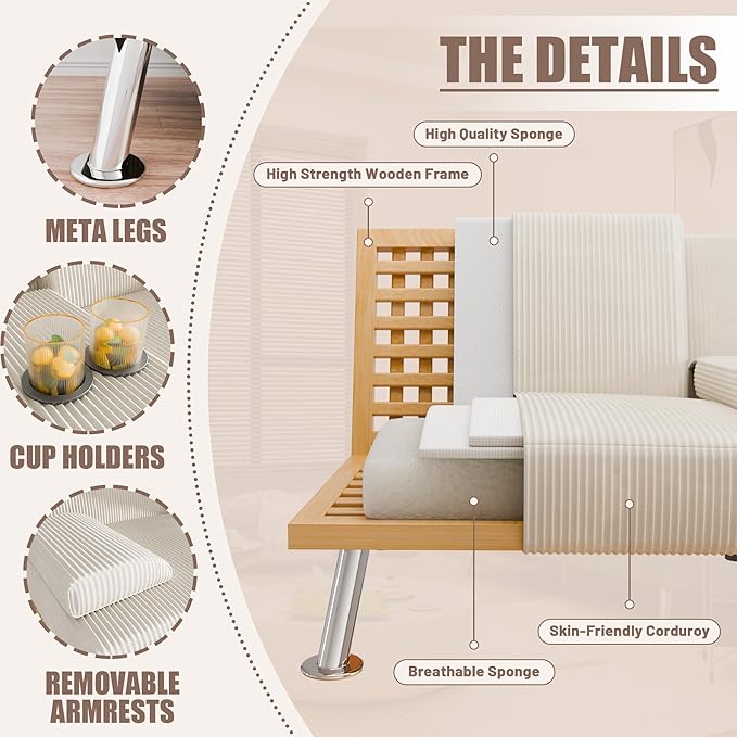 YESHOMY Futon Sofa Bed Futon Couch with Adjustable Backrest Convertible Sleeper Sofa with Removable Armrests Loveseat in Corduroy with 2 Cup Holders for Living Room Apartment (Beige)