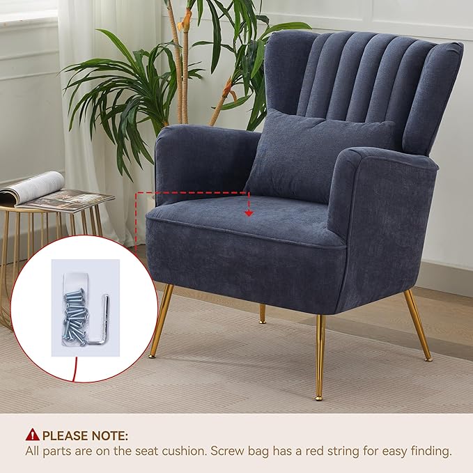 Fabric Accent Living Room Arm Chair Set of 2 Mid Century Modern Chairs with Pillow &amp Golden Legs 8.5 Thick Cushion Upholstered Comfy Sofa Armchair for Reading Room/Bedroom Navy