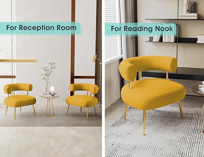 Modern Velvet Accent Chair Round Upholstered Barrel Armchair for Small Spaces Fluffy Side Corner Sofa Chair for Living Room Bedroom(Yellow)