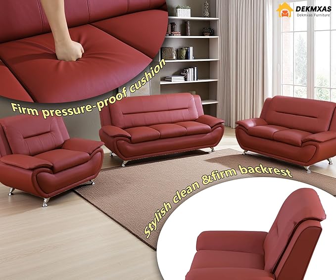Red Faux Leather Couches for Living Room Living Room Couch Set Sofa for Bedroom Apartment Living Room Furniture Sets (Red Sofa+Loveseat+Chair)