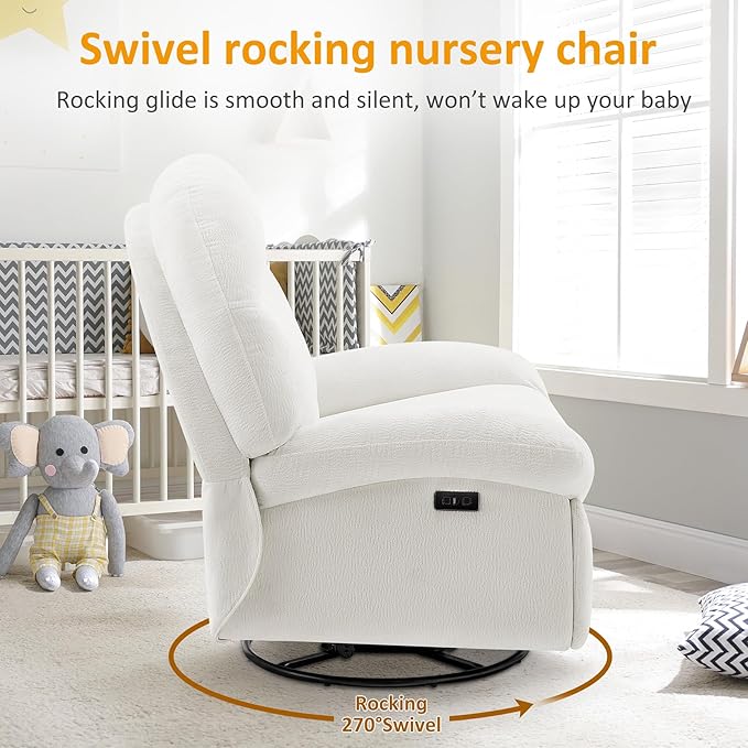 VANOMi Power Recliner Chair with USB &amp Type-C Charging 270° Swivel Glider Rocker Electric Nursery Recliner for Living Room Bedroom and Office White