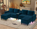 Sectional Couches for Living Room 6 Seat Sectional Sofa Smart Module-Bluetooth Speaker/RGB Light/Charging Station Chenille U Shaped Couch with 2 Movable Storage Ottomans (Blue)