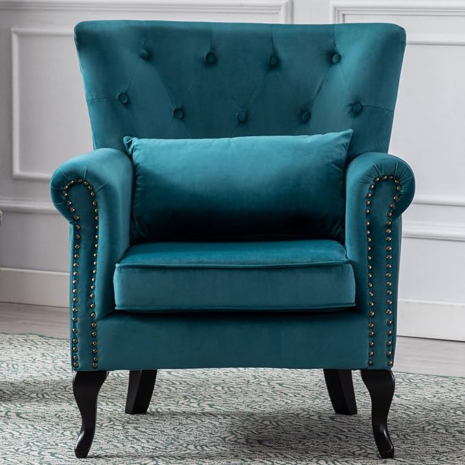 Mid Century Modern Accent Chair Upholstered Armchair Comfy Velvet Fabric Single Sofa with Tufted Wingback for Small Spaces Bedroom Living Room Teal