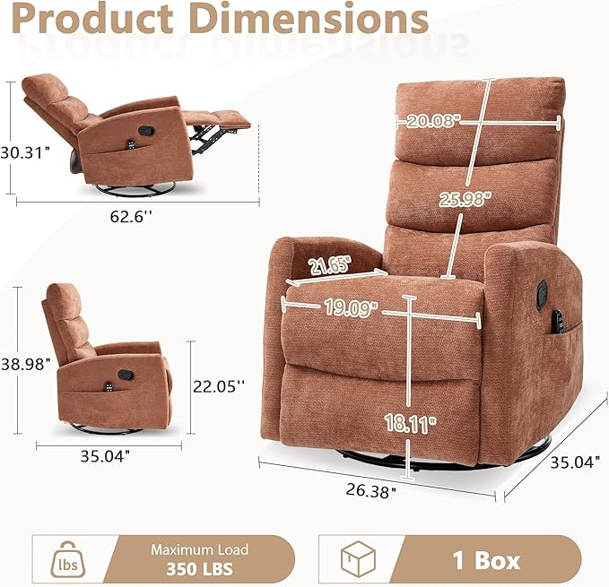 cinkehome Small Swivel Rocker Recliner Chair with Heated Massage Upholstered Nursery Glider Recliner Chair High Back Side Pocket (Orange Chenille Fabric)