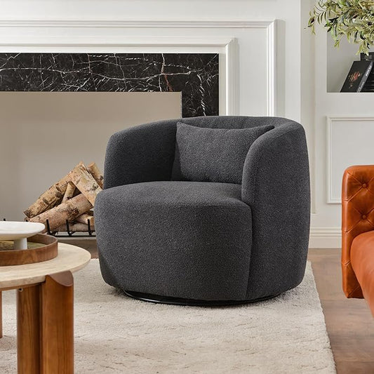 KINWELL 34 Wide Boucle Swivel Barrel Chair No Assembly Round Upholstered Armchair Accent Chair Single Sofa Chair with Toss Pillow for Living Room and Bedroom Dark Grey