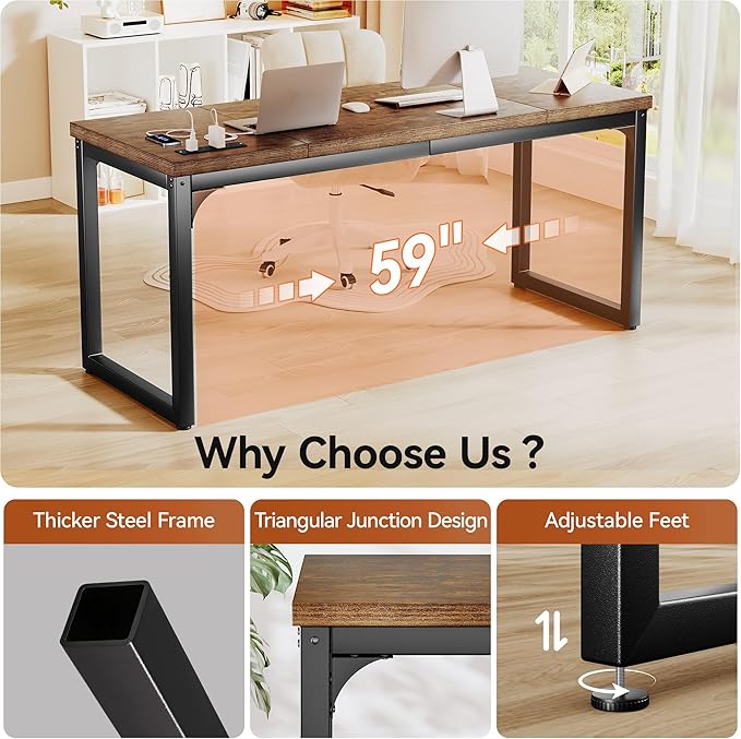 Computer Desk with Power Outlets 63 Inch Large Home Office Desk with Deeper &amp Thicker Desktop Modern Gaming Desk Study Writing Work Desk Metal Frame Rustic Brown