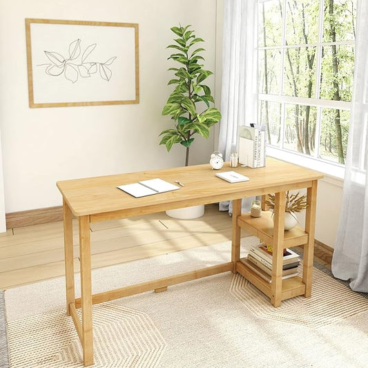 Plank+Beam Computer Desk with Shelves Simple Desk for Bedroom Home Office Study Desk 55.25 Inch Natural