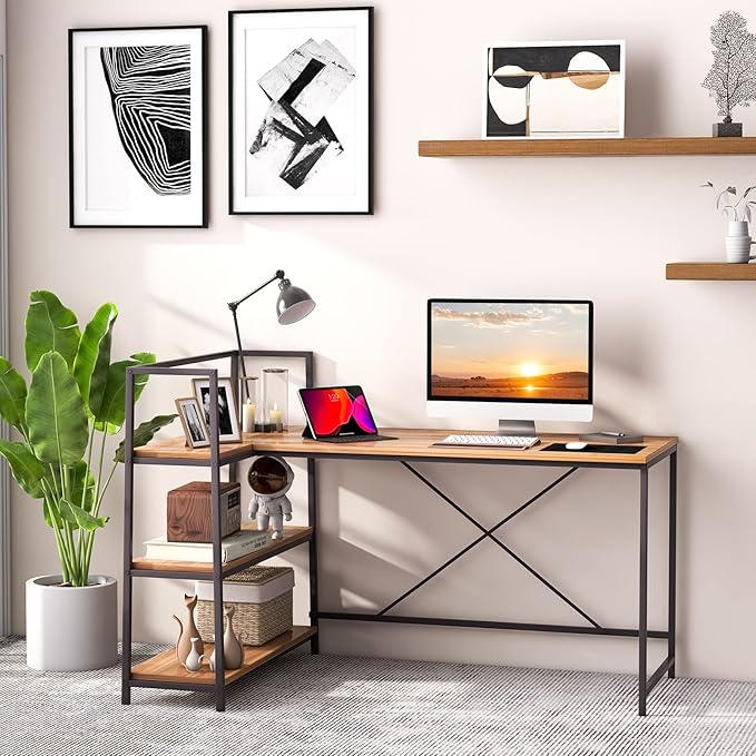 COSTWAY 59 Inch L-Shaped Computer Desk Large Reversible Corner Desk with Open Storage Shelves Space-Saving Writing Study Table PC Laptop Gaming Desk for Home Office (Black + Walnut)