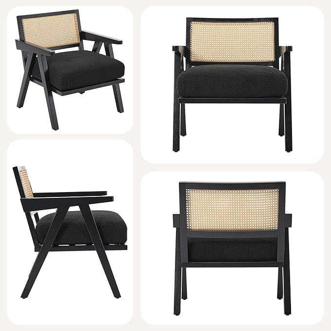 Mid Century Modern Accent Chair Comfy Living Room Chairs with Sturdy Wood Legs Rattan Backrest &amp Beige Thick Linen Cushion Armchair for Bedroom Balcony Apartment Black