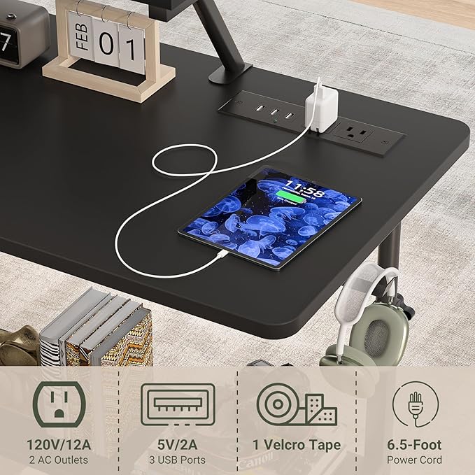 Height Adjustable Standing Desk with Power Outlets and LED Lights - 39 Manual Stand Up Desk with Monitor Stand and Storage Shelves Small Mobile Rolling Computer Desk Portable Laptop Table Black