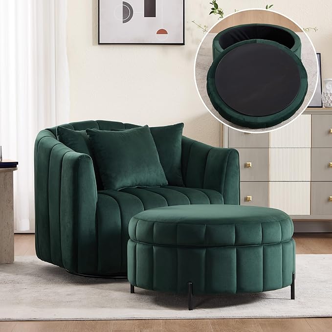 Mlmh &amp Kngwa 40.35 W Swivel Accent Chairs with Ottoman Oversized 360 Degree Swivel Barrel Chair with 3 Pillows Velvet Armchair for Living Room Bedroom Green