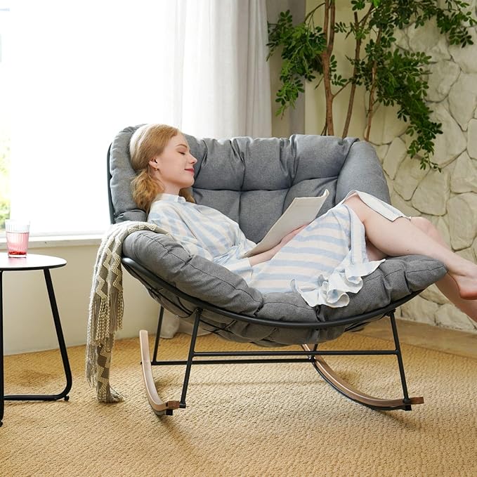 Grand patio Rocking Chair Indoor with Thick Cushion Oversized Metal Papasan Rocking Chair for Living Room