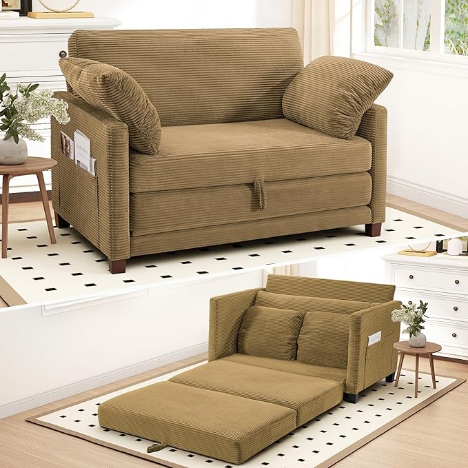 51 Convertible Loveseat Sofa Bed 2-in-1 Folding Sofa Bed with 2 Pillow for Small Spaces Modern Loveseat Sleeper Couch for Apartment Living Room &amp Guest Room (Brown Corduroy 51 inch)