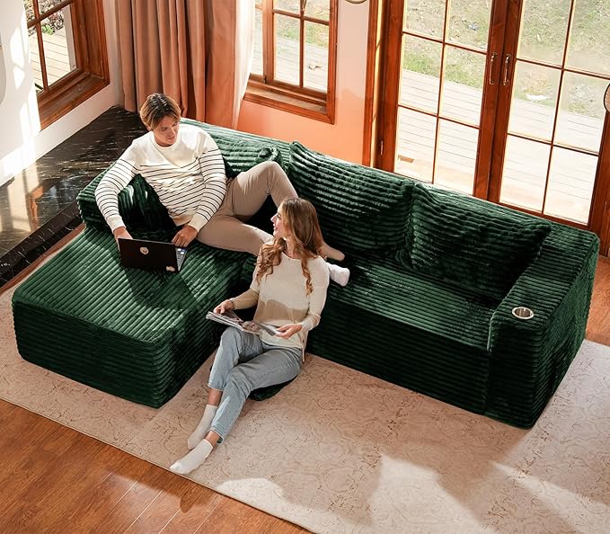 ELUCHANG Oversized 108” Boneless Couch Comfy Cloud Modular Sectional Sofa L-Shape Sofa with Chaise Memory Foam Upholstered Couch for Living Room Bedroom No Assembly Required Corduroy Green