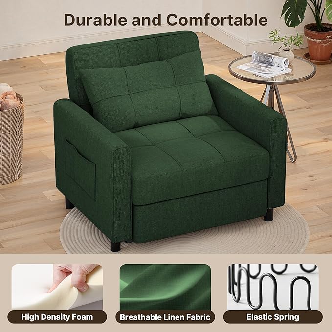 Gizoon Sofa Bed Chair 3 in 1 Convertible Pullout Single Sleeper Chair Bed with Adjustable Backrest Spacious Multifunctional Sofa Couches for Living Room Bedroom Apartment