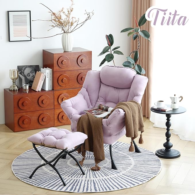 Tiita Lazy Chair with Ottoman Purple Modern Large Accent Chair Comfy Leisure Sofa Armchair with Ottoman Reading Chair with Footrest for Bedroom Living Room Dorm Rooms Purple
