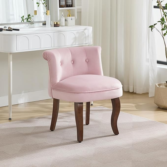 Velvet Tufted Vanity Chair with Back Upholstered Mid Century Vanity Stool with Solid Wood Legs Small Makeup Chair for Vanity Accent Chair for Bedroom Living Room Pink