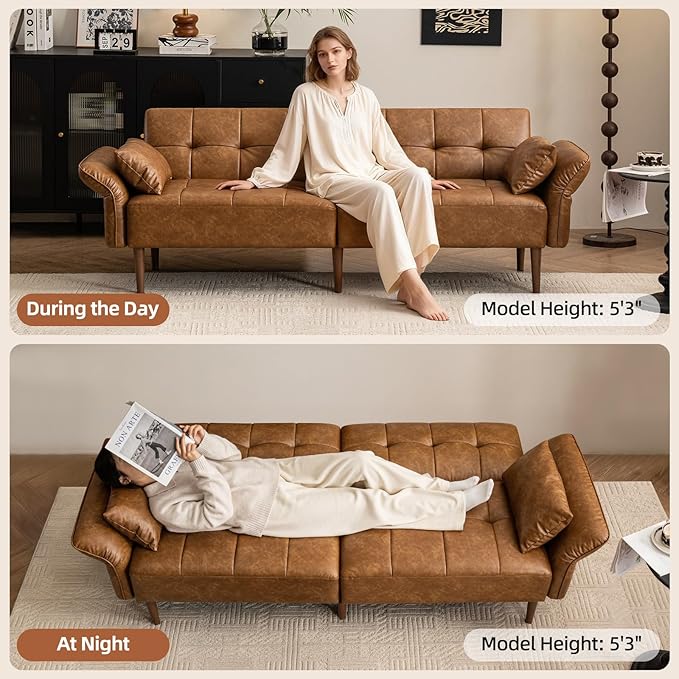 85” Futon Sofa Bed Sleeper Sofa Small Couch with Storage Adjustable Armrests Pillows Faux Leather Loveseat Mid Century Modern Couches for Living Room Bedroom Apartment Brown