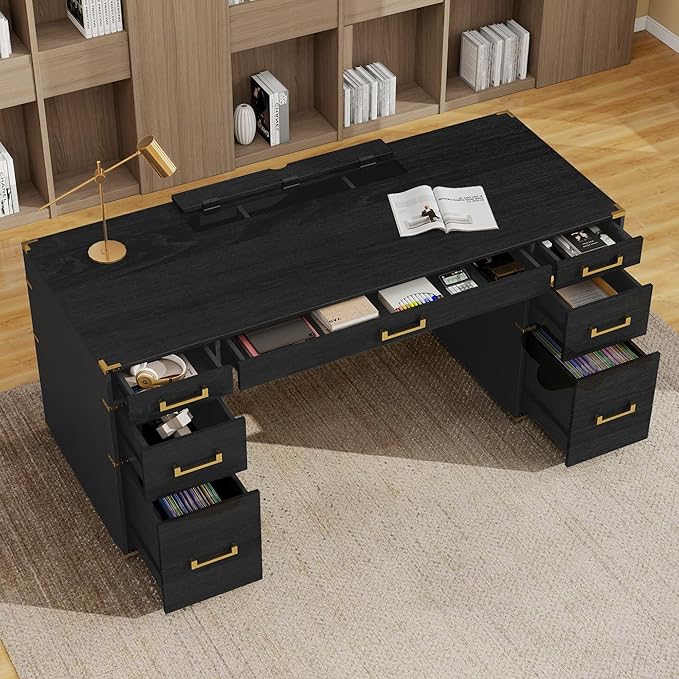 70 Extra-Large Executive Desk with Metal Edge Trim Classic Traditional Writing Desk for Home Office - 7 Drawers USB Ports Hidden Compartment &amp Drop-Front Keyboard Tray