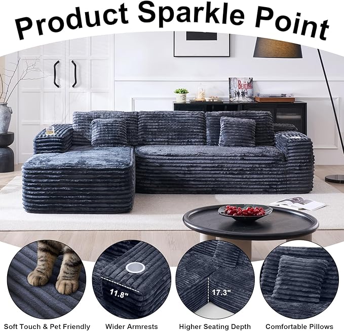 2026 New Cloud Sectional Couch with L-Shape Chaise Built-in Cup Holder &amp Storage Pocket Boneless Couch for Living Room Bedroom No Assembly Required (Dark Grey Right Facing Chaise)