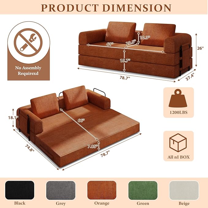 All-in-1 Folding Convertible Sofa Bed Boneless Futon Floor Couch Corduroy Fold Out Modular Lounge Comfy Loveseat Sleeper Lazy Cama for Living Room Bedroom Guestroom Orange（Narrow Stripes）