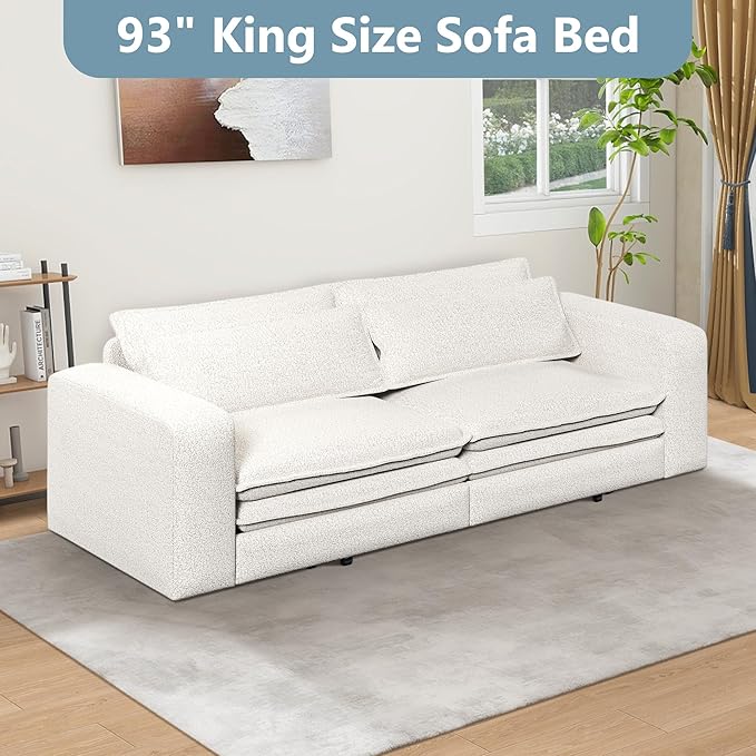 93 King Size Sofa Bed 3 in 1 Convertible Pull Out Couch Loveseat Sleeper Comfy Upholstered Teddy Sofa 3 Seater Chaise Lounge with 2 Pillows Modern Couch Bed for Living Room Beige