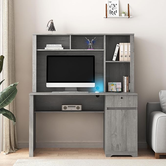 Computer Desk with Hutch BookshelfWood Executive Desk Teens Student Desk Writing Laptop Home Office Desk with Drawers3 AC Outlets and 2 USB Charging PortsStudy Laptop Table for Home