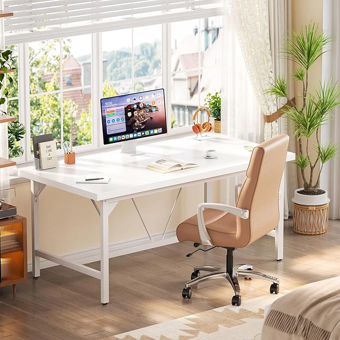 Cyclysio 63 Large Computer Desk Long Office Table with Heavy Duty Metal Frame Modern Study Writing Gaming Desk for 2 Person 1.4 Thick Wood Desktop for Home Office (White 63 Inch)