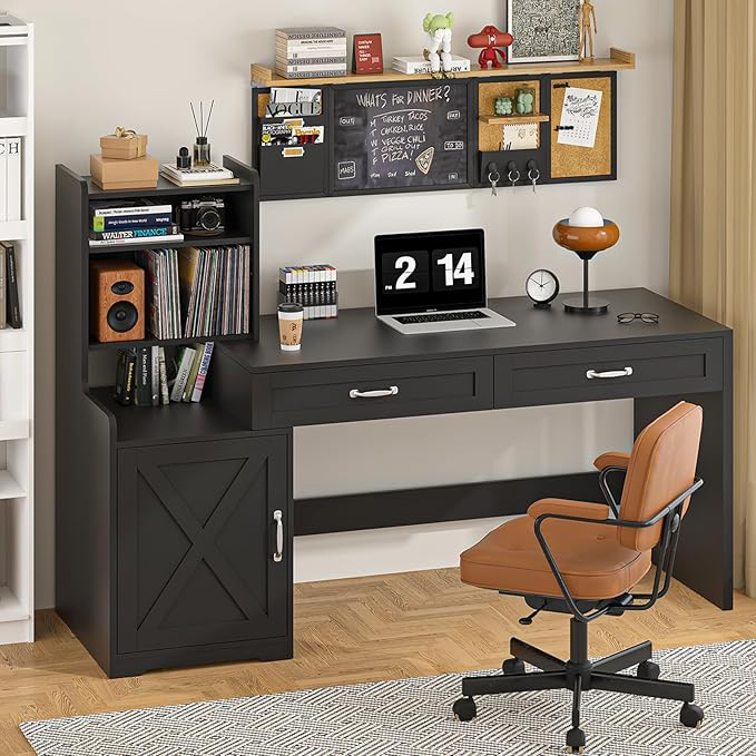 60 Computer Desk with 2 Drawer &amp Bookshelves Home Office Desk with Storage Cabinet &amp Spacious Desktop Writing Gaming Study Table with Bookcase Black