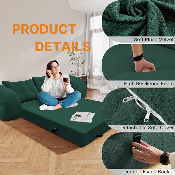 Rovibek 94 x 78 Oversized Floor Sofa with 4 Pillows 3-in-1 Convertible Sleeper Sofa Bed Compressed Couch in a Box for Living Room Apartment and Guest Roomg Green