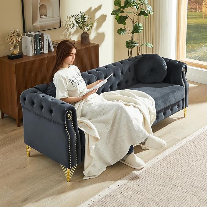 3-Seater Chesterfield Sofa and Loveseat Set Mid Century Modern Sofa Couch with Button Tufting &amp Rolled Arms Comfy Upholstered Velvet Deep Seat Couch Set for Living Room Office Black(2 Pieces)