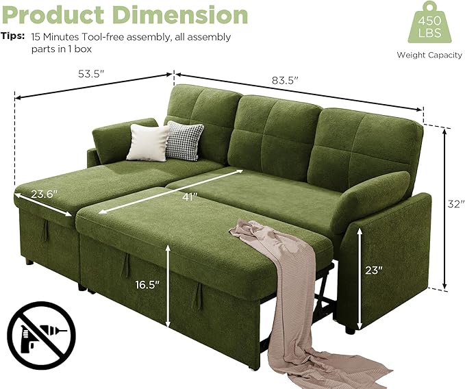 VanAcc Sleeper Sofa Sofa Bed with Storage Chaise Convertible Sofa Bed with Pull Out Couch l Shaped Couch for Living Room Linen Green
