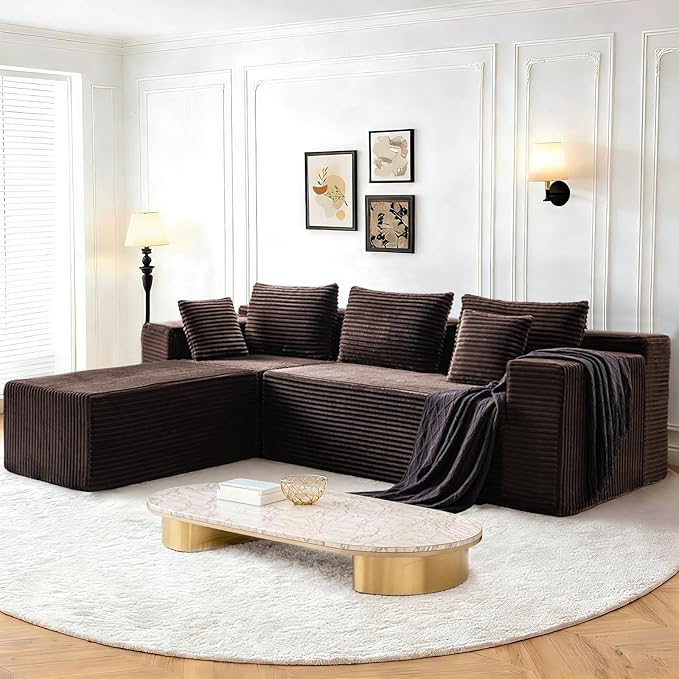 107 Boneless Modular Sectional Sofa L-Shaped Cloud Couch with Deep Seat &amp High Backrest Corduroy Couch Memory Foam Sectional Couch No Assembly Required for Living Room Apartment (Brown)