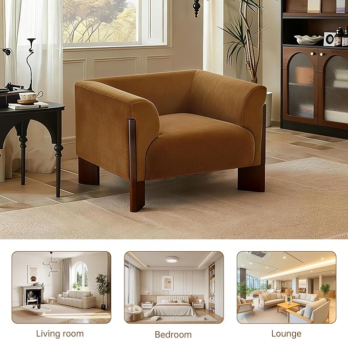 Oversized Accent Chair Velvet Fabric Upholstered Club Chair for Living Room 41 Width Single Sofa Chair with Curved Handrail and Solid Wood Legs Modern Arm Chair for Bedroom Home Orange