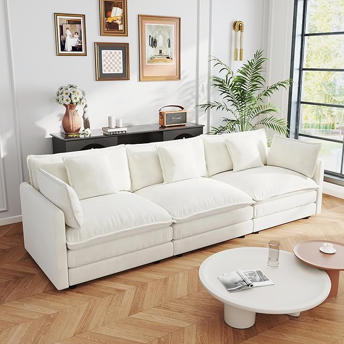 111.5 Sofa Modular Sectional Cloud Couch 3-Seat Chenille Deep Seat Sofa with Pillow for Living Room Bedroom and Apartment Beige