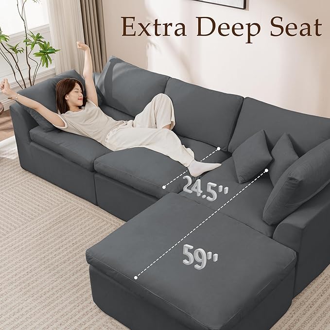 112 Cloud Sectional Couches for Living Room Modern Modular Sectional Sofa with Ottoman Boneless Cloud Couch with Comfy Deep Seats Fluffy Chenille L-Shape Sofa Couch for Living RoomDarkgrey