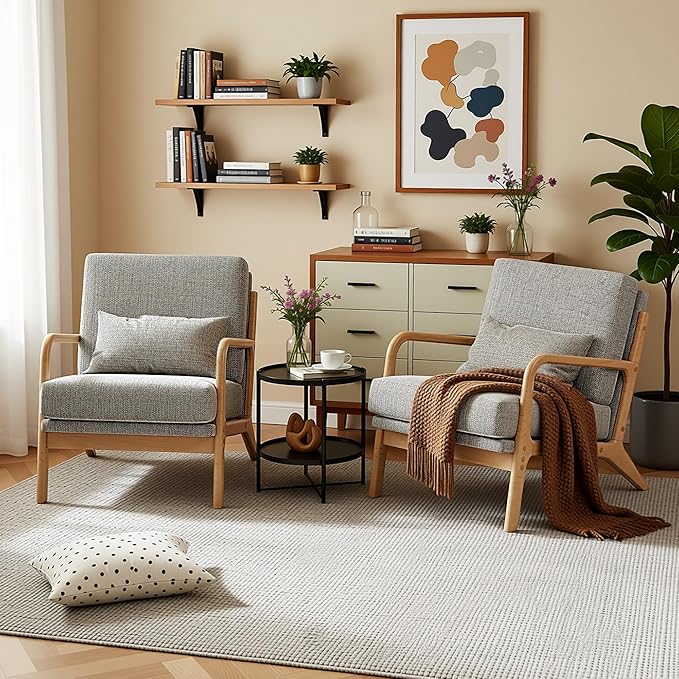 Claiks Mid-Century Modern Accent Chair Living Room Armchair with Solid Wood Frame &amp Lumbar Pillow Comfy Upholstered Lounge Chair for Bedroom Office Linen-Like Fabric Dark Gray