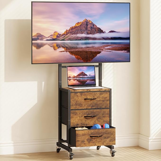 GYIIYUO Rolling TV Stand with 3 Storage Fabric Drawers/Mount/Wheels Small Mobile TV Stand for 32-55 inch TVs Corner TV Cart for BedroomOfficeLiving Room(Rustic Brown)