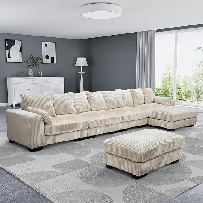 Legend Vansen Modular Sectional Couch Upholstered Corduroy Sofa with Deep Seat and Widened ArmrestsComfy Sectional Couches for Living RoomBedroom (Cream 6 Seat Sofa)